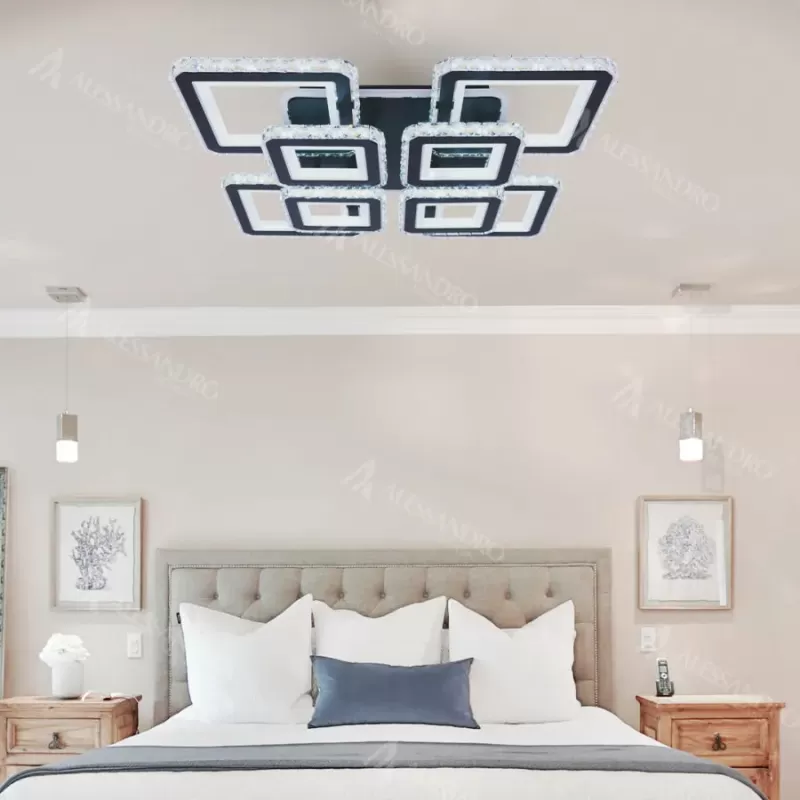 Lustra LED cu telecomanda si cristal LEILA RGB 236W, 8 Patrate, lumina Rece/Calda/Neutra, Dimabila, Negru Crom Lucios