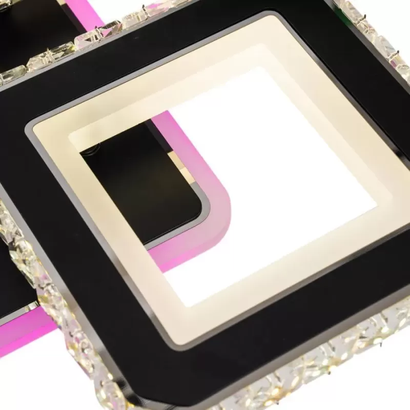 Lustra LED cu telecomanda si cristal LEILA RGB 79W, 4 Patrate, lumina Rece/Calda/Neutra, Dimabila, Negru Crom Lucios