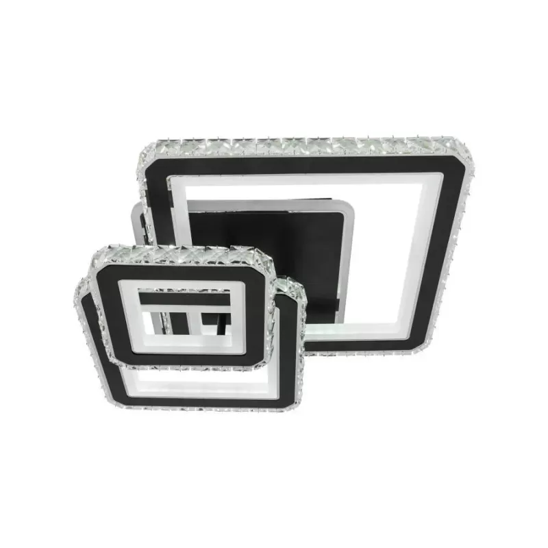 Lustra LED cu telecomanda si cristal LEILA 154W, 3 Patrate, lumina Rece/Calda/Neutra, Dimabila, Negru Crom Lucios