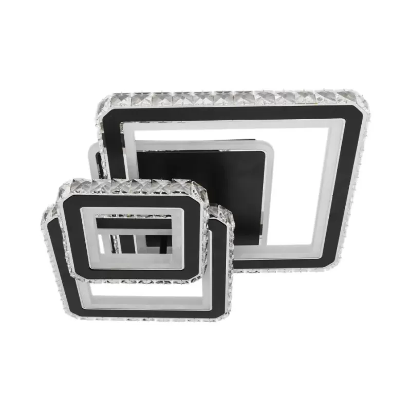 Lustra LED cu telecomanda si cristal LEILA 154W, 3 Patrate, lumina Rece/Calda/Neutra, Dimabila, Negru Crom Lucios