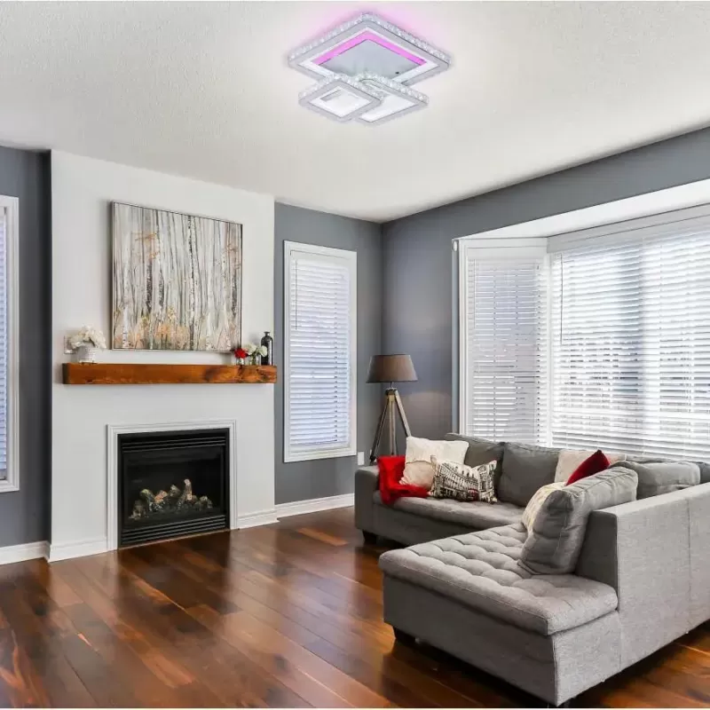 Lustra LED cu telecomanda si cristal LEILA 154W, 3 Patrate, lumina Rece/Calda/Neutra, Dimabila, Alb Crom Lucios