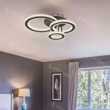 Lustra LED cu telecomanda si cristal LEOCADIA RGB 134W, 3 Cercuri, lumina Rece/Calda/Neutra, Dimabila, Negru