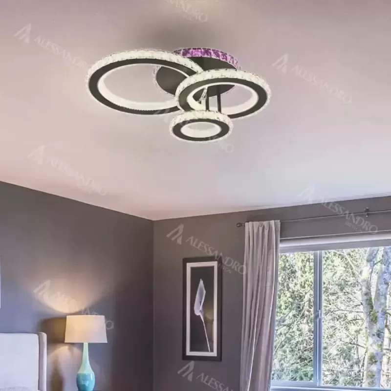 Lustra LED cu telecomanda si cristal LEOCADIA RGB 134W, 3 Cercuri, lumina Rece/Calda/Neutra, Dimabila, Negru