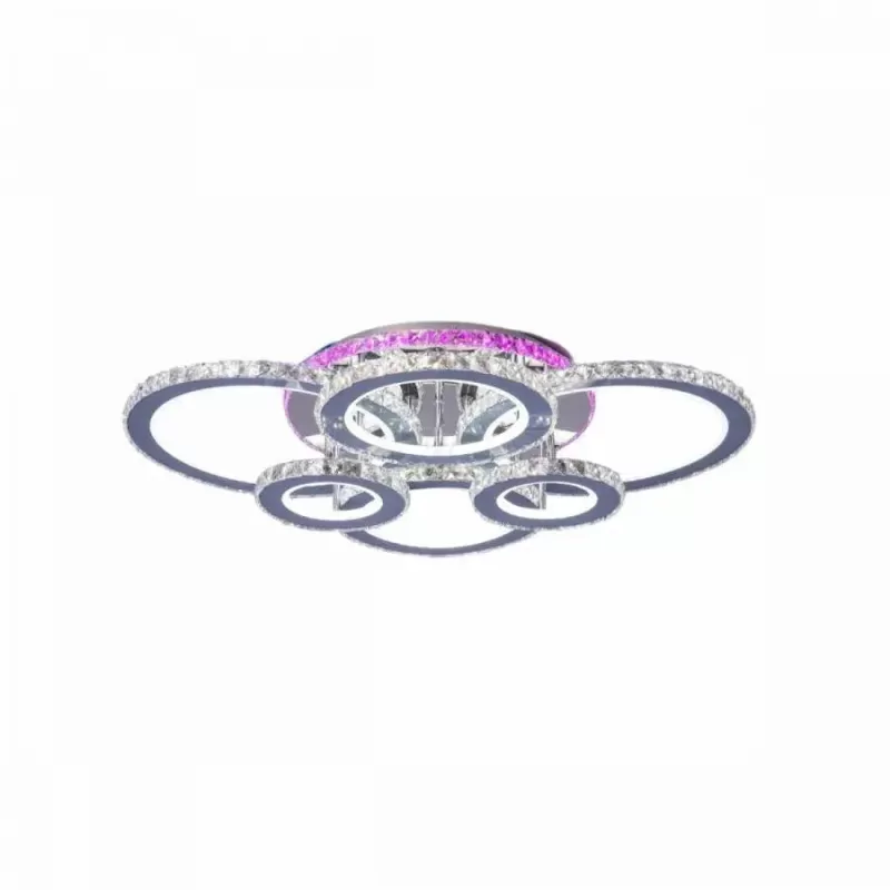 Lustra LED cu telecomanda si cristal NOVA ROTONDA RGB 152W, 6 Cercuri, lumina Rece/Calda/Neutra, Dimabila, Crom Lucios