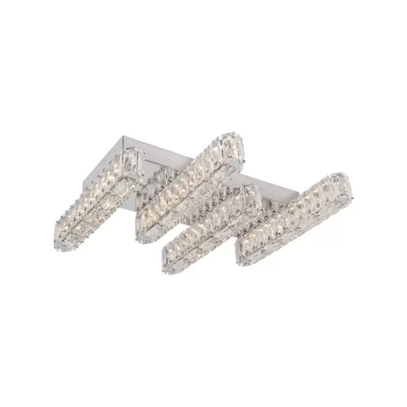 Lustra LED cu telecomanda si cristal PRISCILA 80W, 4 Elemente, Liniara, lumina Rece/Calda/Neutra, Dimabila, Crom Lucios