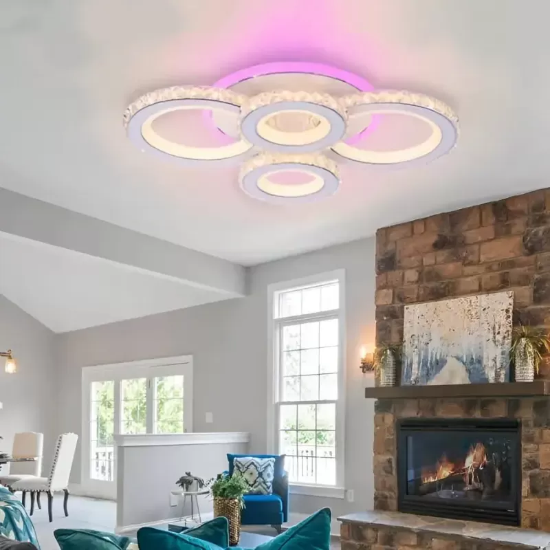 Lustra LED cu telecomanda si cristal NOVA ROTONDA RGB 86W, 4 Cercuri, lumina Rece/Calda/Neutra, Dimabila, Alb