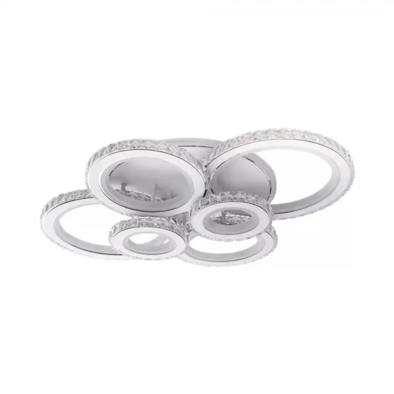 Lustra LED cu telecomanda si cristal NOVA ROTONDA RGB 154W, 6 Cercuri, lumina Rece/Calda/Neutra, Dimabila, Alb