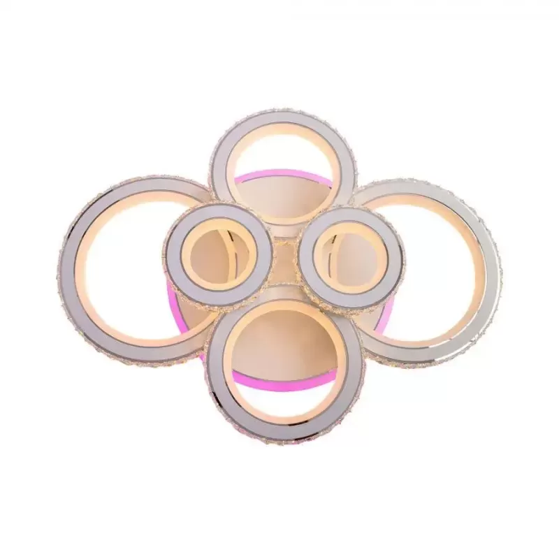 Lustra LED cu telecomanda si cristal NOVA ROTONDA RGB 154W, 6 Cercuri, lumina Rece/Calda/Neutra, Dimabila, Alb