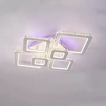 Lustra LED cu telecomanda si cristal TERRANO RGB 288W, 6 Patrate, lumina Rece/Calda/Neutra, Dimabila, Alb Crom Lucios