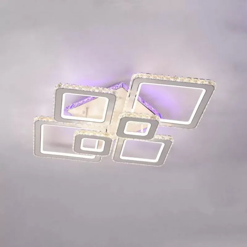 Lustra LED cu telecomanda si cristal TERRANO RGB 288W, 6 Patrate, lumina Rece/Calda/Neutra, Dimabila, Alb Crom Lucios