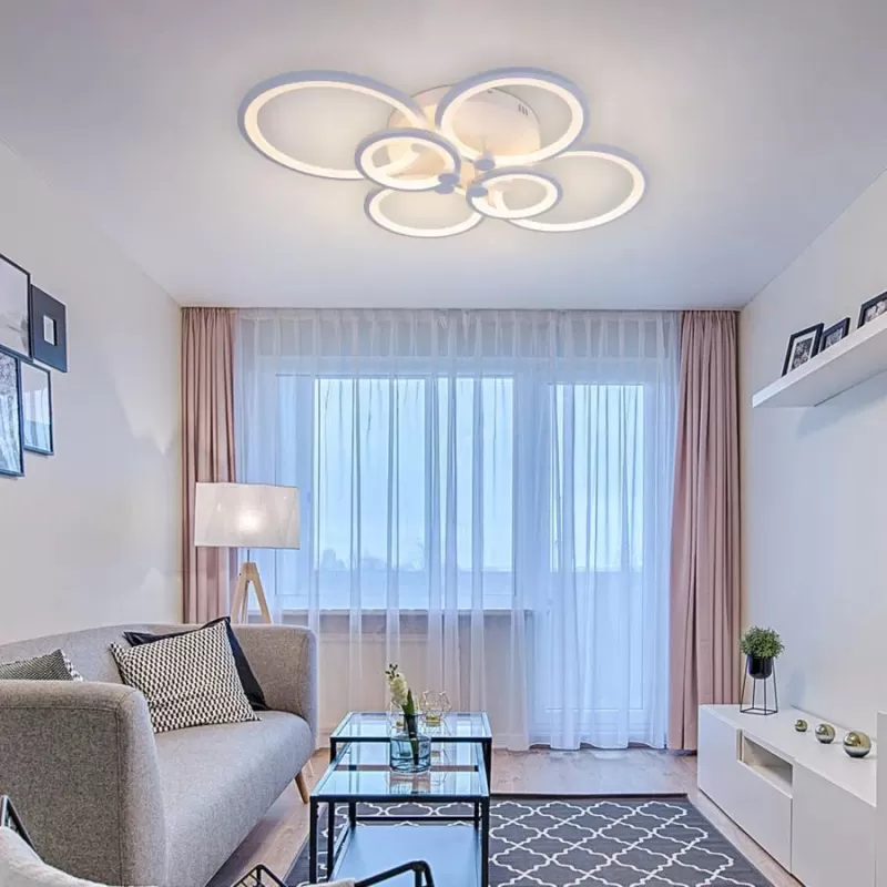 Lustra LED cu telecomanda ALANI 168W, 6 Cercuri, lumina Rece/Calda/Neutra, Dimabila, Alb