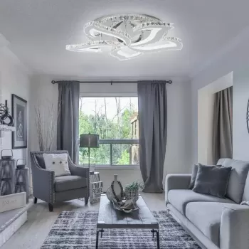 Lustra LED cu telecomanda si cristal Alejandro RGB 180W, 5 Flori, lumina Rece/Calda/Neutra, Dimabila, Crom Lucios