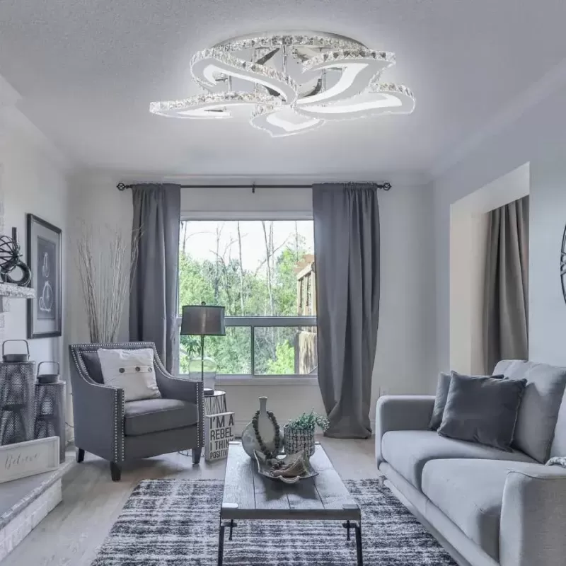 Lustra LED cu telecomanda si cristal Alejandro RGB 180W, 5 Flori, lumina Rece/Calda/Neutra, Dimabila, Crom Lucios