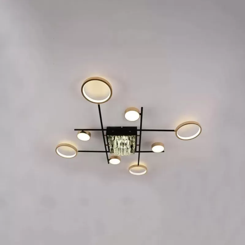 Lustra LED cu telecomanda si cristal MISEL 168W, 9 Elemente, lumina Rece/Calda/Neutra, Dimabila, Negru Auriu
