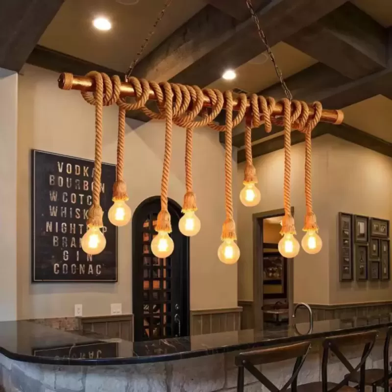 Lustra Vintage cu Franghie PEDRO, 8 x E27, Lemn Maro