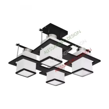 Lustra Clasica Aramis cu lemn, Abajur Patrat, 4 X Dulie E27, Alb / Negru