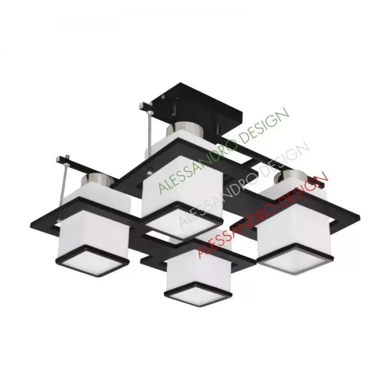 Lustra Clasica Aramis cu lemn, Abajur Patrat, 4 X Dulie E27, Alb / Negru