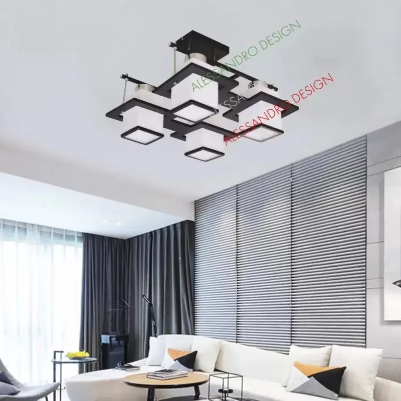 Lustra Clasica Aramis cu lemn, Abajur Patrat, 4 X Dulie E27, Alb / Negru