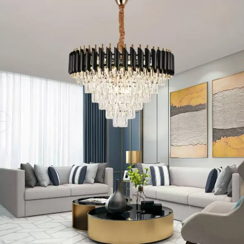 Candelabru Cristal VERSAILLES Magno 8xE14, Diametru 60cm, Auriu Lucios si Negru, Inaltime Reglabila