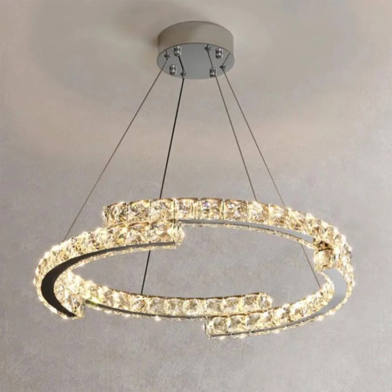 Lustra LED suspendata cu telecomanda si cristal MIA Yonca, 39W, 1 Cerc, lumina Rece/Calda/Neutra, Dimabila, Crom Lucios