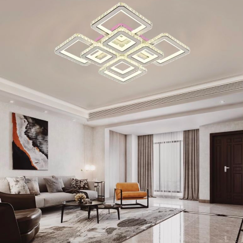 Lustra LED cu telecomanda si cristal LEILA 237W, 8 Patrate, lumina Rece/Calda/Neutra, Dimabila, Alb Crom Lucios