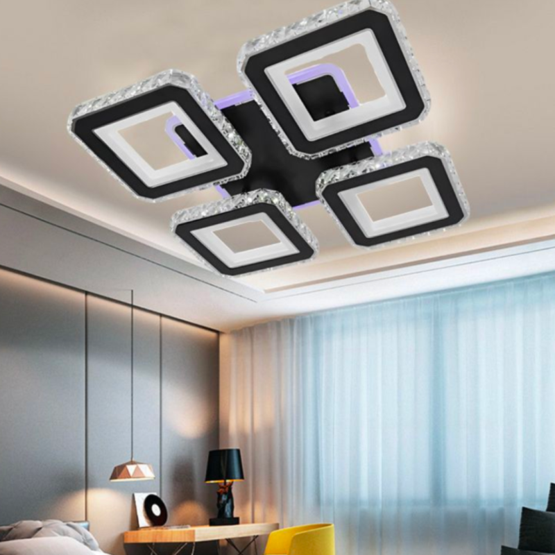 Lustra LED cu telecomanda si cristal LEILA RGB 79W, 4 Patrate, lumina Rece/Calda/Neutra, Dimabila, Negru Crom Lucios