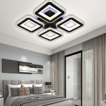 Lustra LED cu telecomanda si cristal LEILA RGB 79W, 4 Patrate, lumina Rece/Calda/Neutra, Dimabila, Negru Crom Lucios