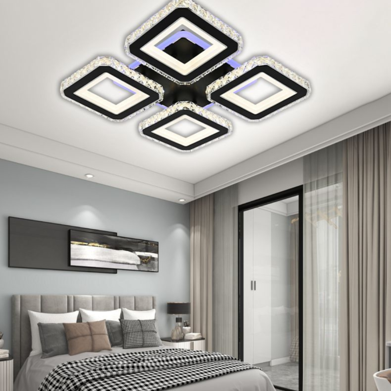 Lustra LED cu telecomanda si cristal LEILA RGB 79W, 4 Patrate, lumina Rece/Calda/Neutra, Dimabila, Negru Crom Lucios