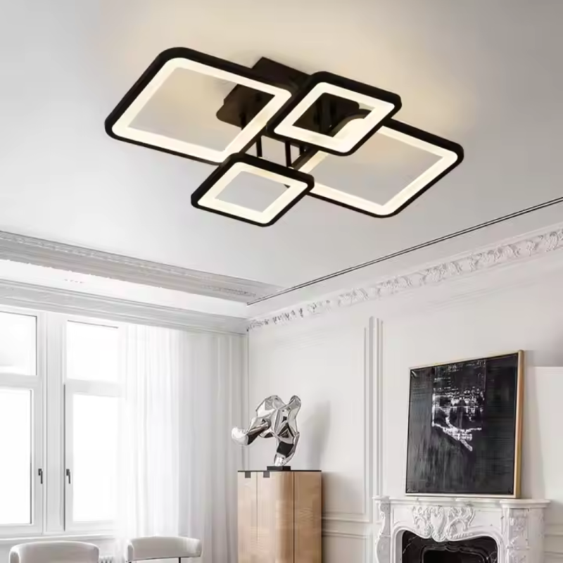 Lustra LED cu telecomanda ELLA 85W, 4 Patrate, lumina Rece/Calda/Neutra, Dimabila, Negru