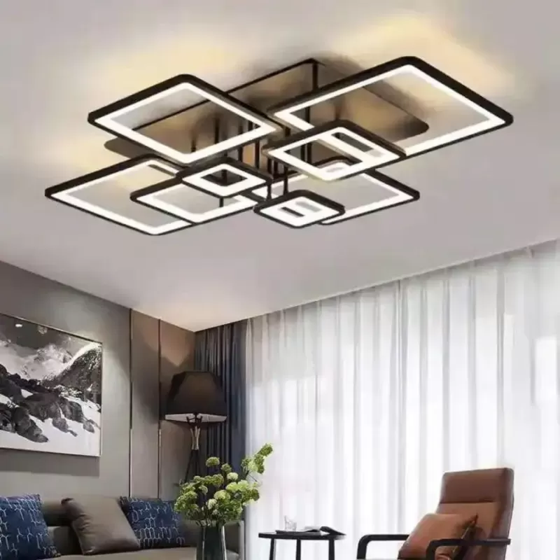 Lustra LED cu telecomanda ELLA 203W, 8 Patrate, lumina Rece/Calda/Neutra, Dimabila, Negru