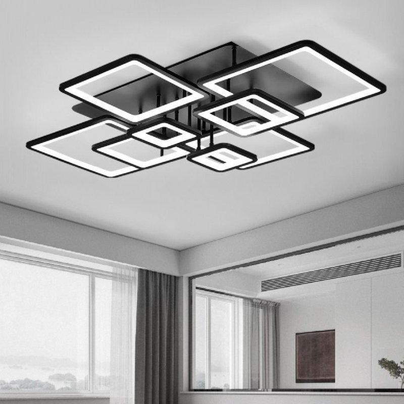 Lustra LED cu telecomanda ELLA 203W, 8 Patrate, lumina Rece/Calda/Neutra, Dimabila, Negru