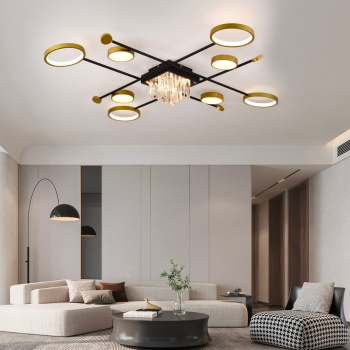 Lustra LED cu telecomanda si cristal GUIDA 46W, 8 Elemente, lumina Rece/Calda/Neutra, Dimabila, Negru Auriu