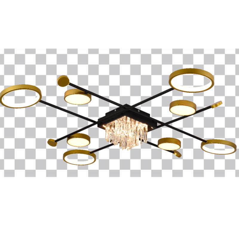 Lustra LED cu telecomanda si cristal GUIDA 46W, 8 Elemente, lumina Rece/Calda/Neutra, Dimabila, Negru Auriu