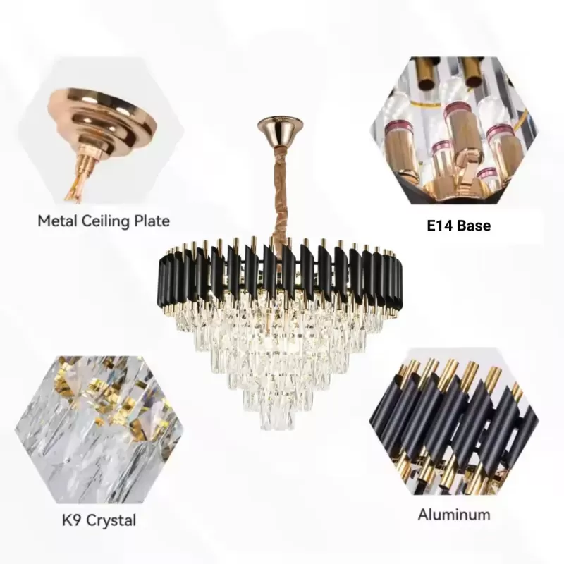 Candelabru Cristal VERSAILLES Magno 8xE14, Diametru 60cm, Auriu Lucios si Negru, Inaltime Reglabila