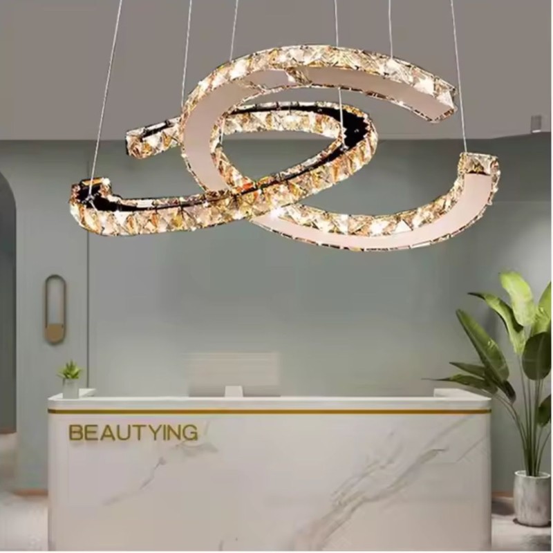 Lustra LED suspendata cu telecomanda si cristal PRISM ANTEA 40W, 2 Cercuri, lumina Rece/Calda/Neutra, Dimabila, Crom Lucios, Inaltime Reglabila