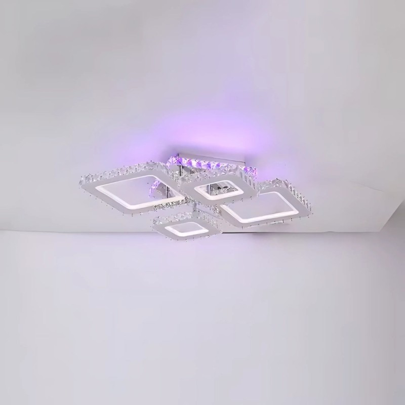 Lustra LED cu telecomanda si cristal NOVA RHOMBA RGB 60W, 4 Patrate, lumina Rece/Calda/Neutra, Dimabila, Crom Lucios