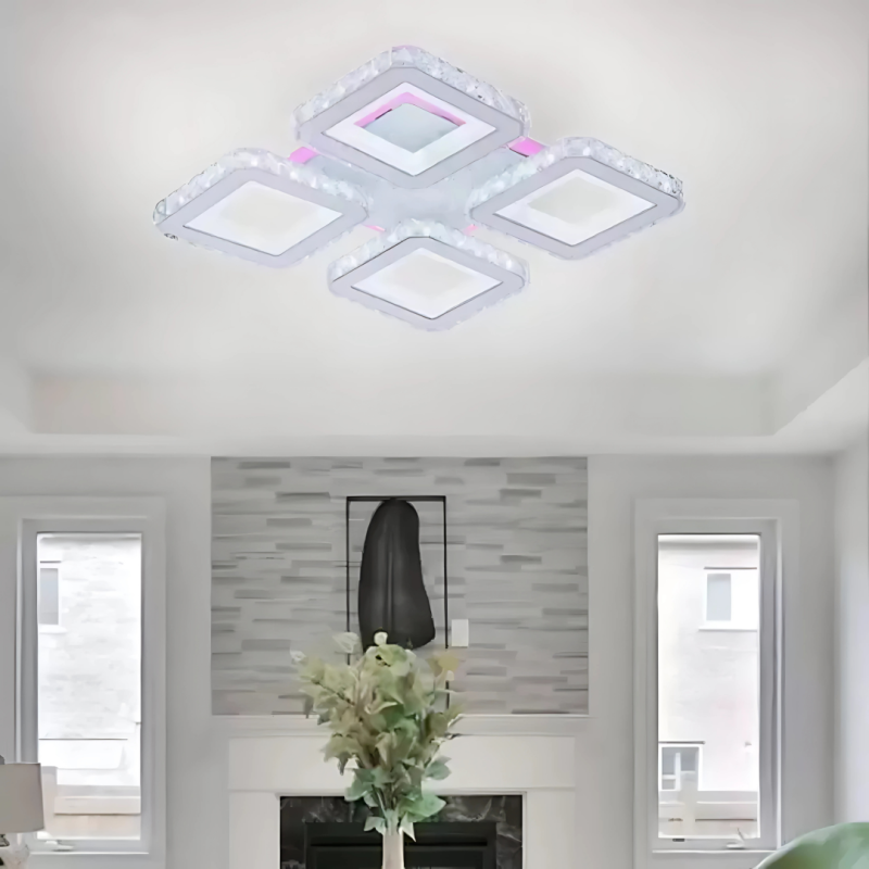 Lustra LED cu telecomanda si cristal LEILA RGB 79W, 4 Patrate, lumina Rece/Calda/Neutra, Dimabila, Alb Crom Lucios