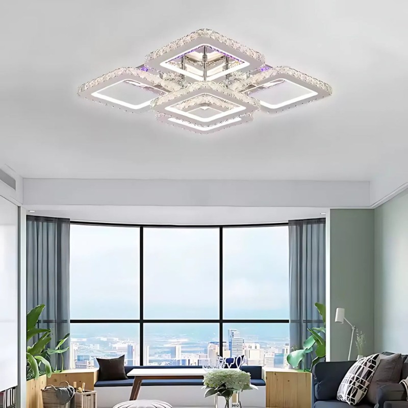 Lustra LED cu telecomanda cu cristal QUADRIA SUPREMO RGB, 148W, 5 Patrate, lumina Rece/Calda/Neutra, Dimabila, Crom Lucios