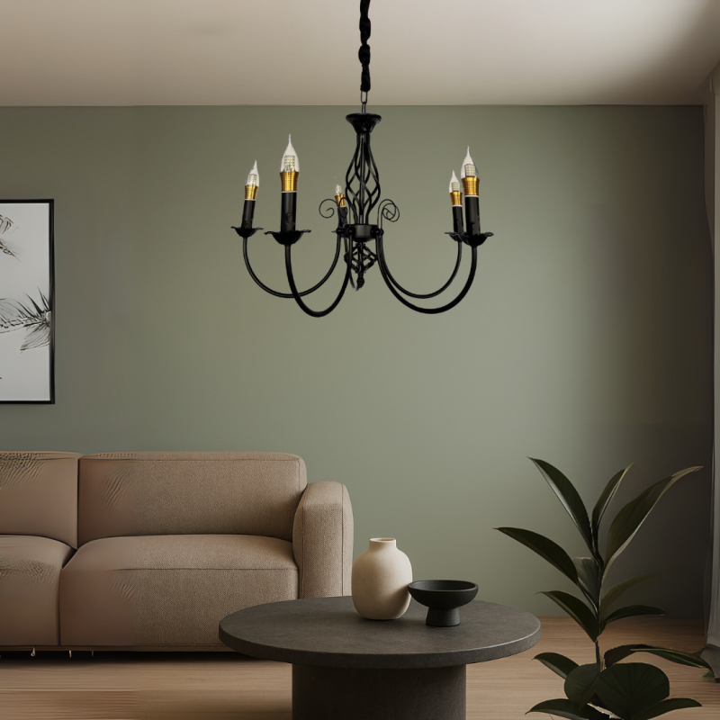 Candelabru Cristal Perla, 5xE14, Negru, Inaltime Reglabila