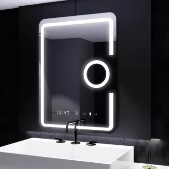 Oglinda LED Rectangulara, 60x80cm, Eclat MotionGlow Marcello, Ceas & Termometru, Sistem Dezaburire, Lupa Cosmetica, Dimabila