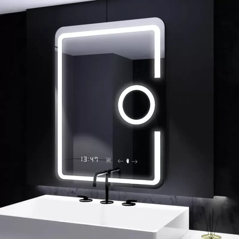 Oglinda LED Rectangulara, 60x80cm, Eclat MotionGlow Marcello, Ceas & Termometru, Sistem Dezaburire, Lupa Cosmetica, Dimabila