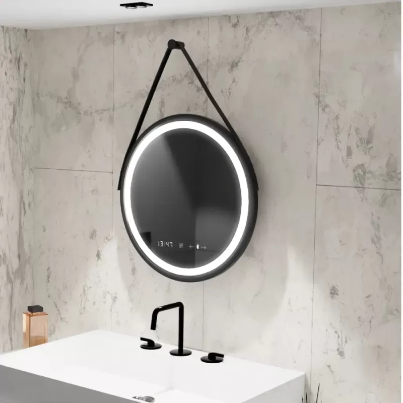 Oglinda LED Rotunda, 60cm, Celeste Majeste Noir Eleve MotionGlow Marcello, Sistem Dezaburire, Ceas & Termometru, Dimabila