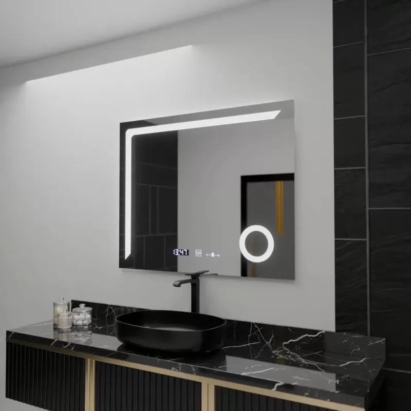 Oglinda LED Rectangulara, 100x80cm, Precision MotionGlow Marcello, Sistem Dezaburire, Ceas & Termometru, Lupa Cosmetica, Dimabila