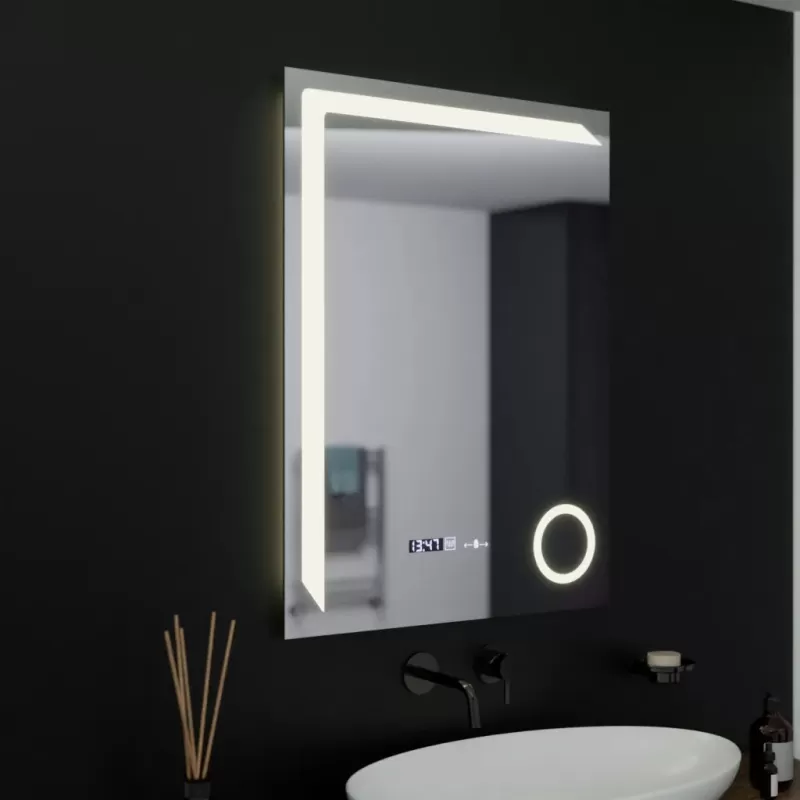 Oglinda LED Rectangulara, 60x80cm, Precision MotionGlow Marcello, Sistem Dezaburire, Ceas & Termometru, Lupa Cosmetica, Dimabila