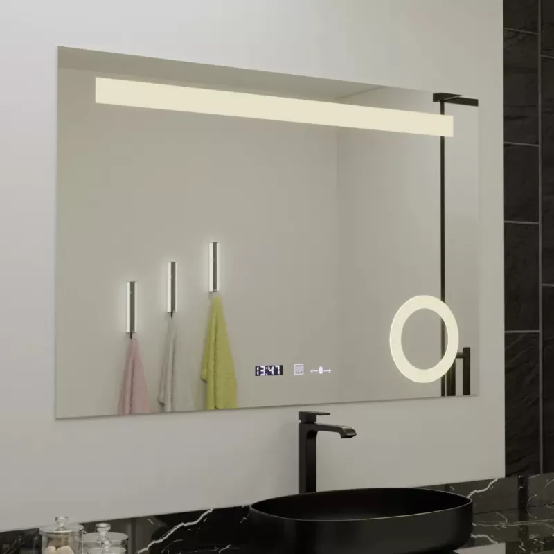 Oglinda LED Rectangulara, 120x80cm, ABSOLU MotionGlow Marcello, Sistem Dezaburire, Ceas & Termometru, Lupa Cosmetica, Dimabila