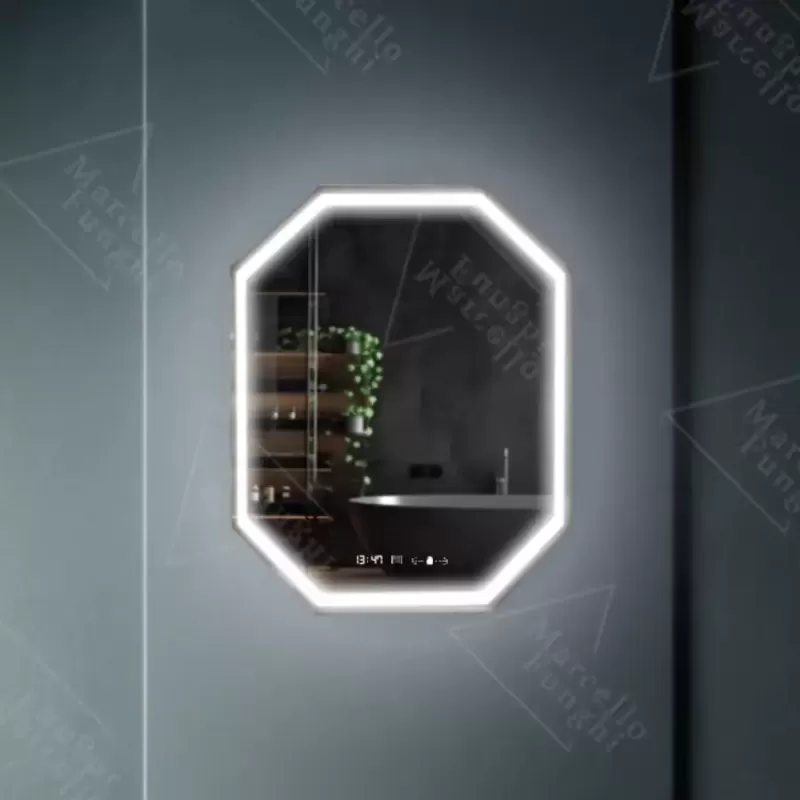 Oglinda LED Poligon, 60x80cm, Ralya Senzor MotionGlow Marcello, Sistem Dezaburire, Ceas & Termometru, Dimabila