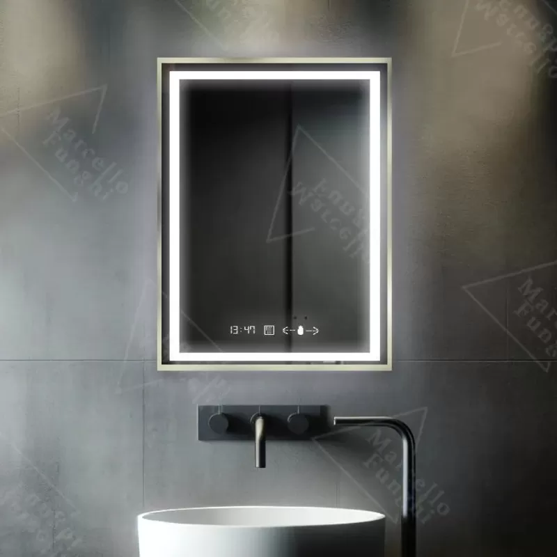 Oglinda LED Rectangulara, 60x80cm, Verite Royale Gold MotionGlow Marcello, Sistem Dezaburire, Ceas & Termometru, Dimabila