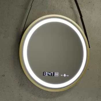 Oglinda LED Rotunda, 60cm, Celeste Royale Gold Eleve MotionGlow Marcello, Sistem Dezaburire, Ceas & Termometru, Dimabila