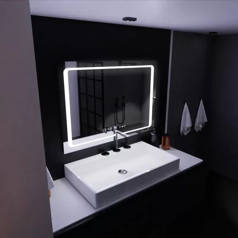 Oglinda LED Rectangulara, 90x60cm, Sole Senzor Marcello, Sistem Dezaburire, Ceas & Termometru, Dimabila