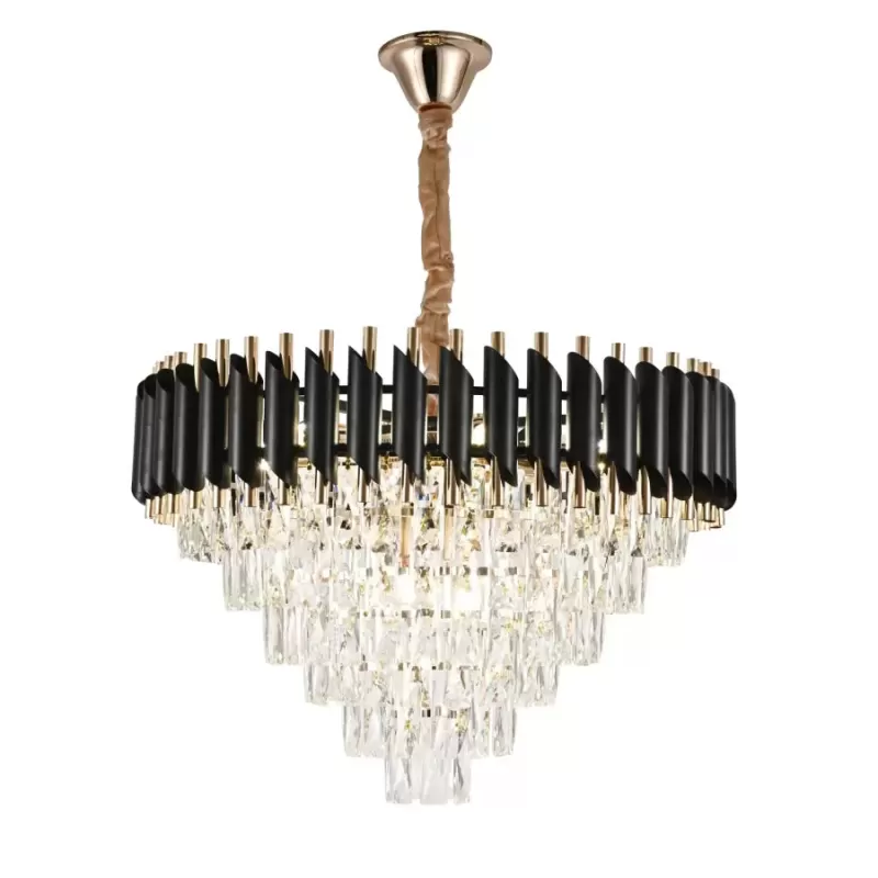 Candelabru Cristal VERSAILLES Magno 8xE14, Diametru 60cm, Auriu Lucios si Negru, Inaltime Reglabila
